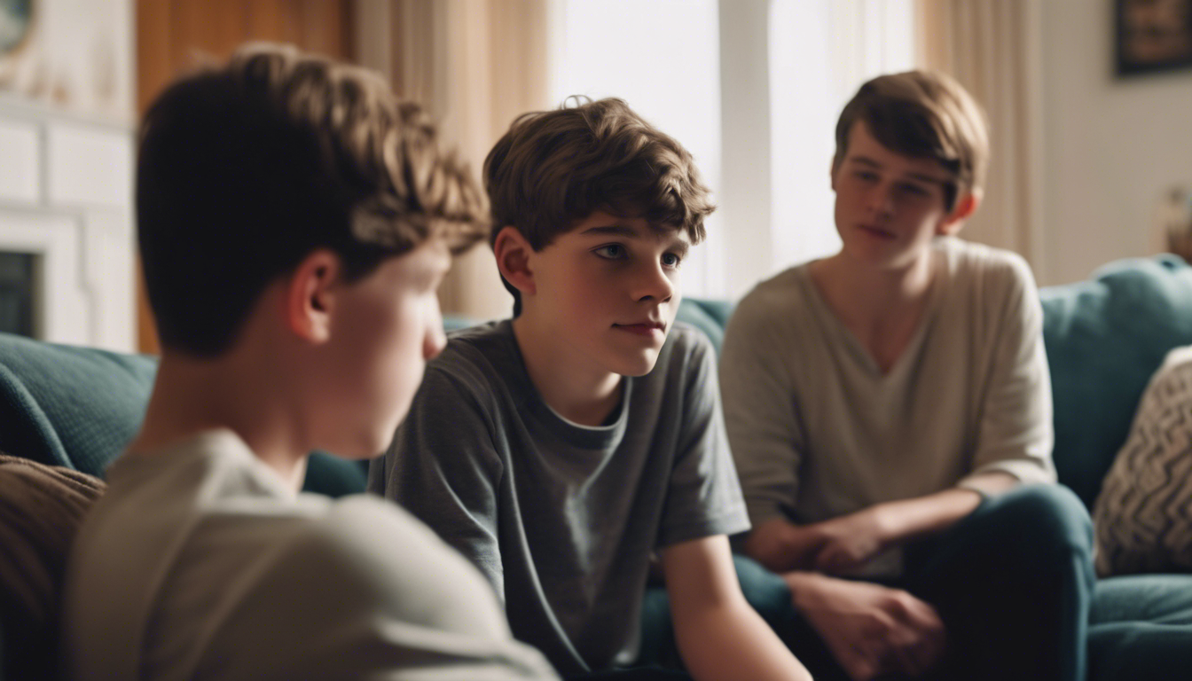 Three teenage boys engaged in a serious conversation, focusing on communication and emotional support in a home setting, relevant to parenting teens with autism.