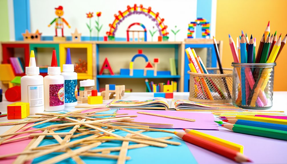 Craft sticks, colorful craft supplies, glue bottles, and vibrant construction materials on a table, promoting fine motor skills and interdisciplinary learning for children in a creative play environment.