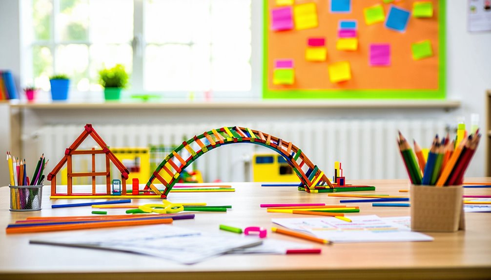 Colorful craft sticks arranged on a table, featuring a house and a bridge model, surrounded by various art supplies, highlighting creative learning and fine motor skill development for children in educational settings.