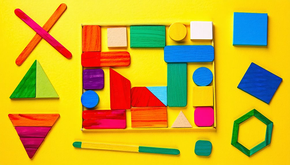Colorful craft sticks and geometric shapes arranged on a bright yellow background, showcasing opportunities for shape exploration and fine motor skill development in children.
