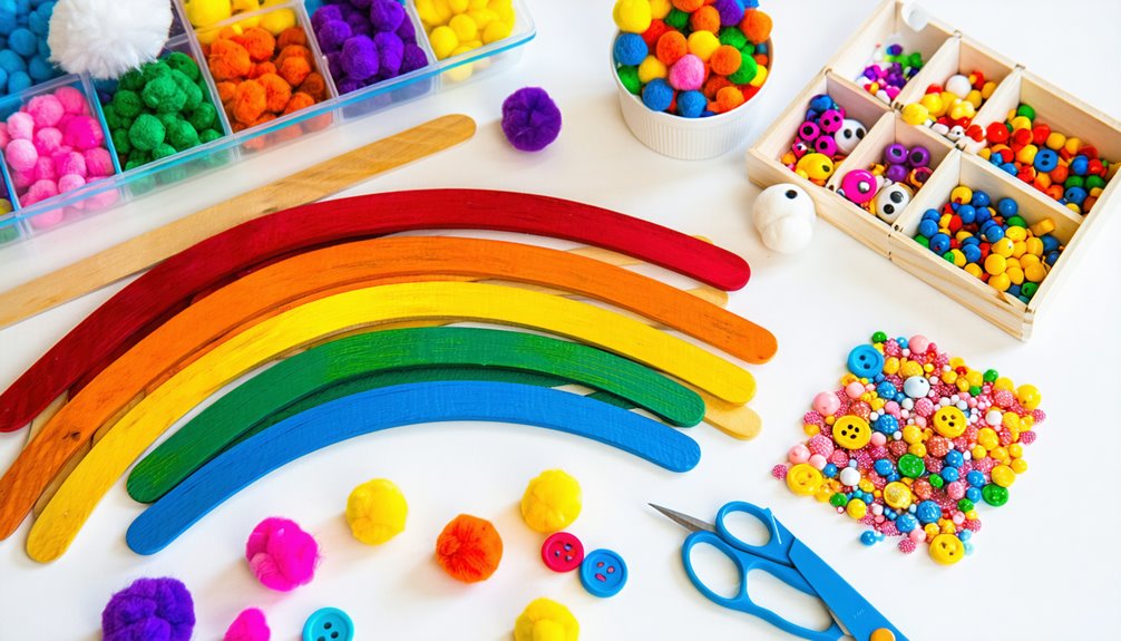 Colorful craft sticks arranged in a rainbow pattern, surrounded by various pom poms, buttons, and beads, with scissors, promoting fine motor skills and creative exploration in children's independent learning activities.