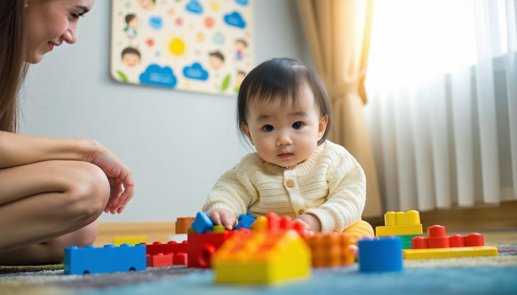 Child playing with colorful building blocks on a rug, engaged in play-based learning with caregiver, promoting cognitive and emotional development.