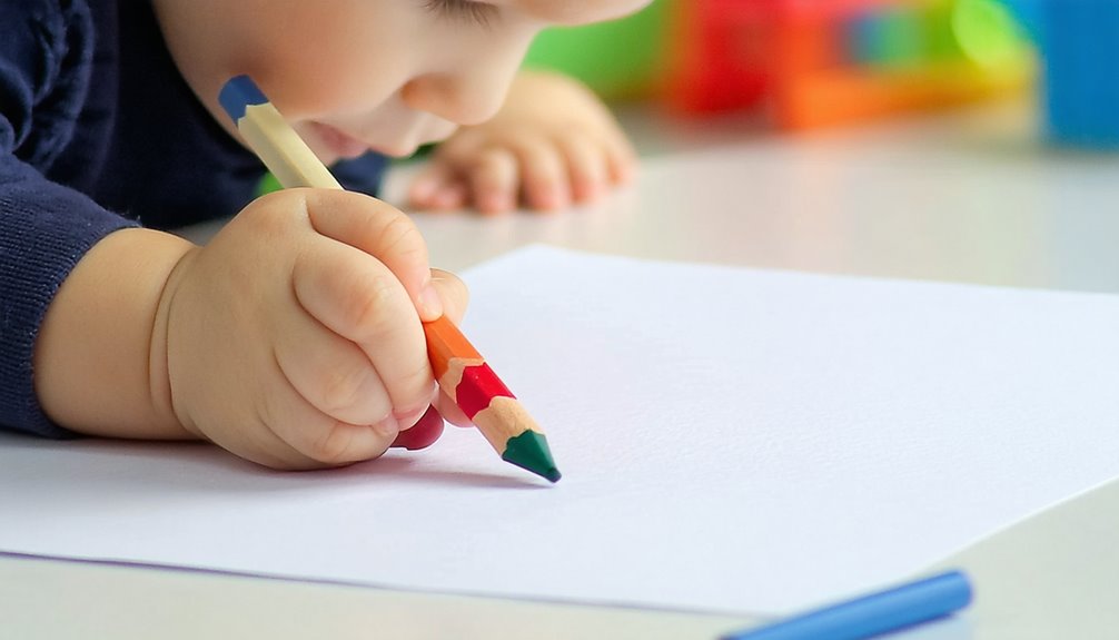 Child engaging in fine motor skill development by coloring with crayons on a blank sheet of paper, emphasizing the importance of play in enhancing motor skills and muscle growth.