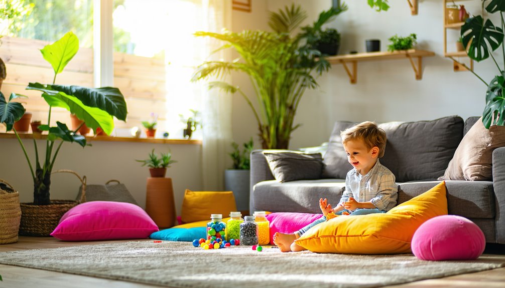 Child playing on colorful cushions in a bright, inviting living room, surrounded by sensory materials, illustrating home-based sensory interventions for children.