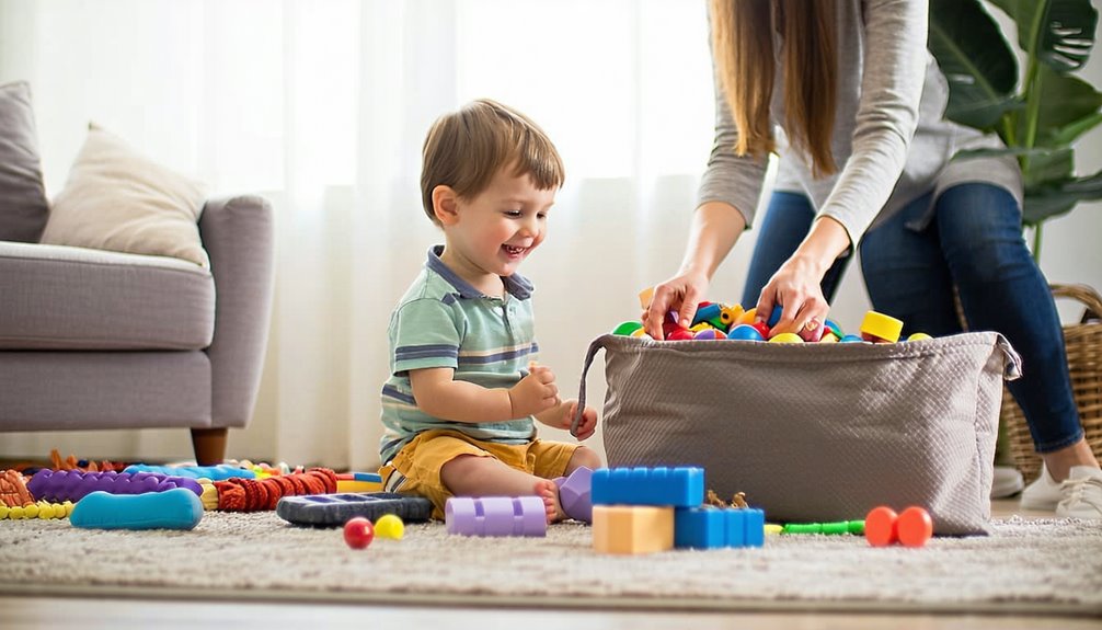 Child playing with colorful sensory toys and blocks on a soft rug, with a caregiver assisting in a bright living room, emphasizing home-based sensory integration activities.
