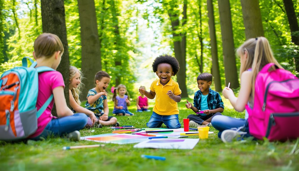 Children engaging in creative activities outdoors, including drawing and playing, in a vibrant green park setting, highlighting an inclusive environment for learning and social interaction.