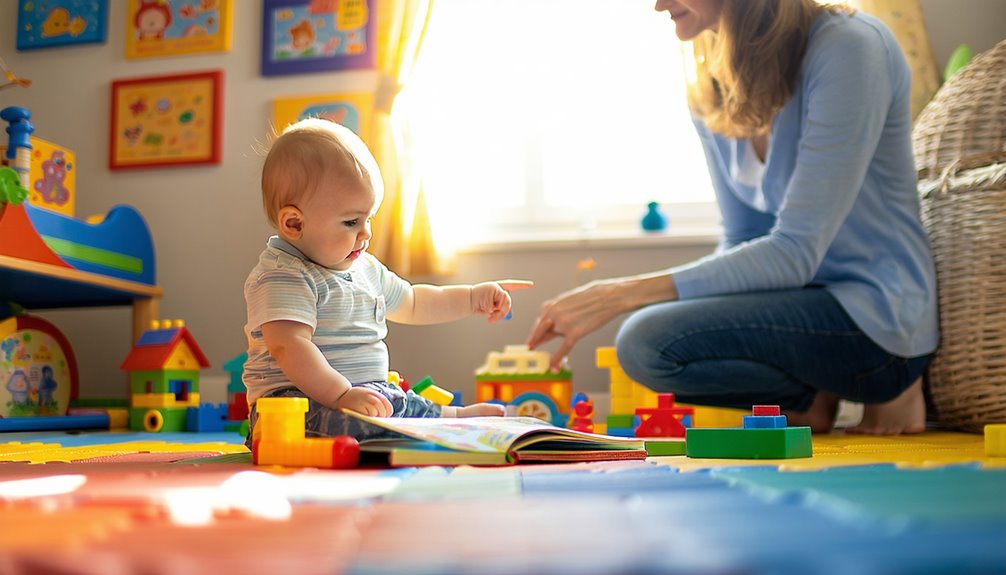 Baby engaging in play with colorful building blocks and a book, while an adult observes nearby, highlighting developmental milestones in fine motor skills and early learning.