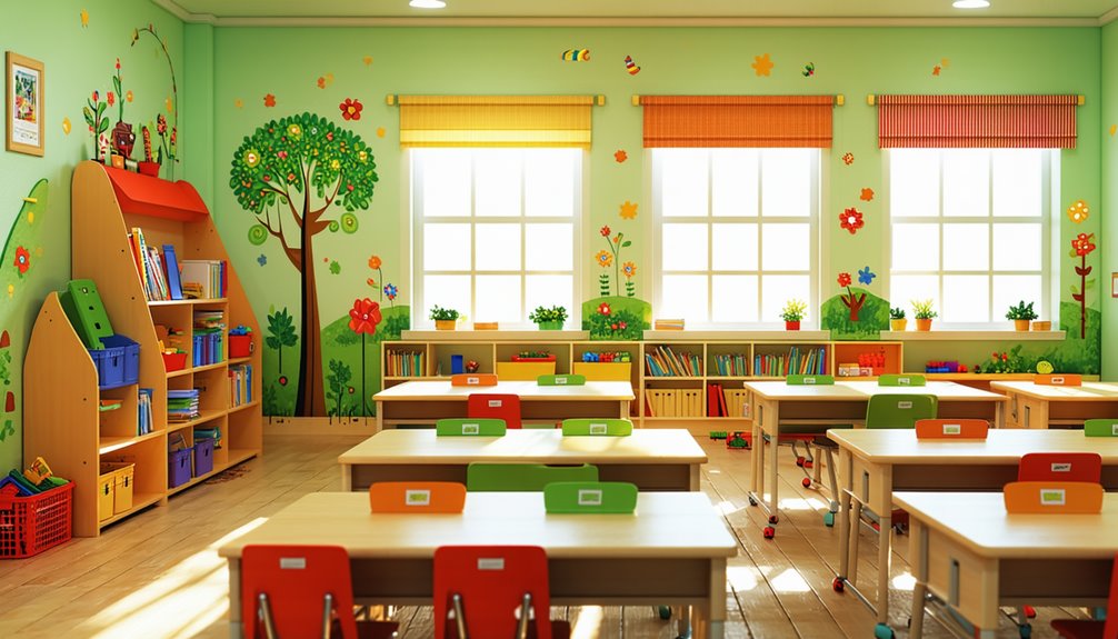 Bright, colorful classroom with wooden desks, bookshelves filled with educational materials, and cheerful wall decorations, creating an engaging learning environment for children with ADHD.