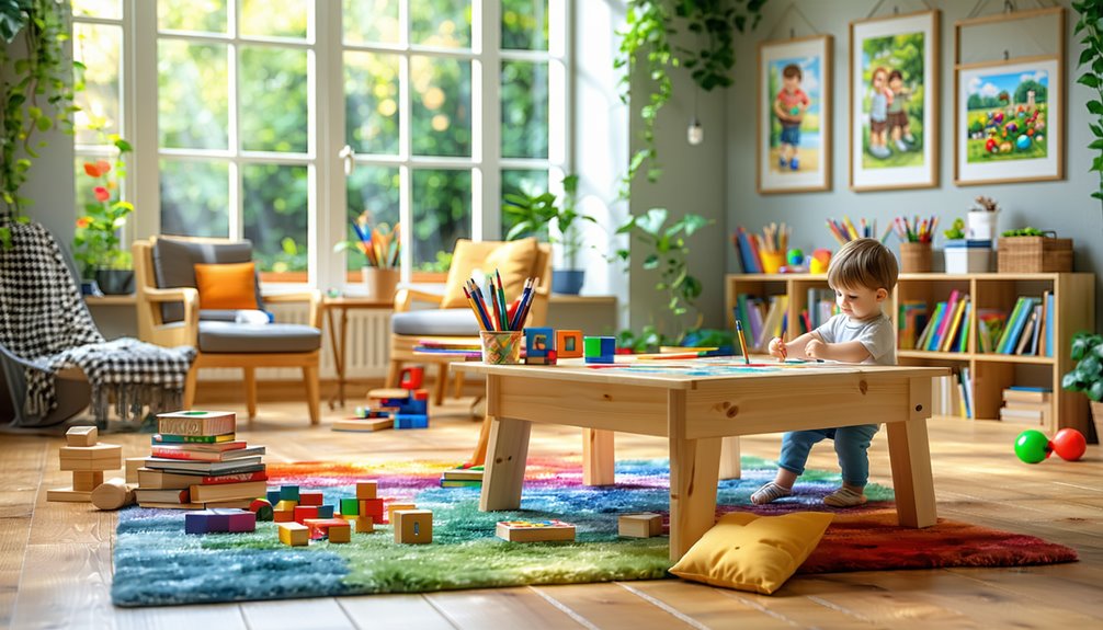 Child engaged in creative play at a colorful table in a bright, inviting therapy room, surrounded by educational toys and books, promoting emotional development and family involvement in therapy.