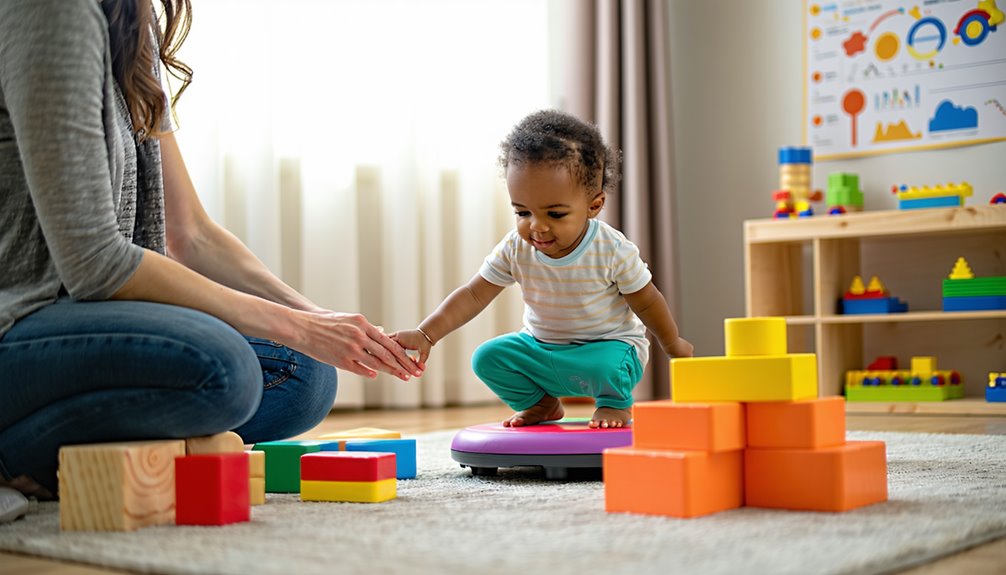 Child engaging in sensory play on a balance board with a caregiver, surrounded by colorful building blocks, promoting developmental skills and sensory integration in a therapeutic setting.