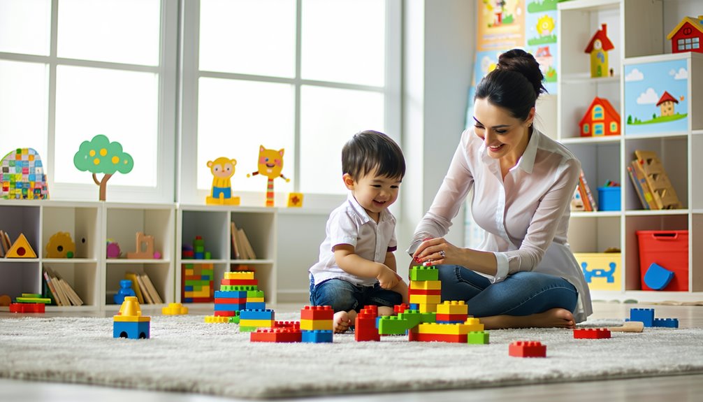 Child and therapist engaged in playful building activity with colorful blocks in a bright therapy room, promoting social interaction and emotional expression through play therapy.