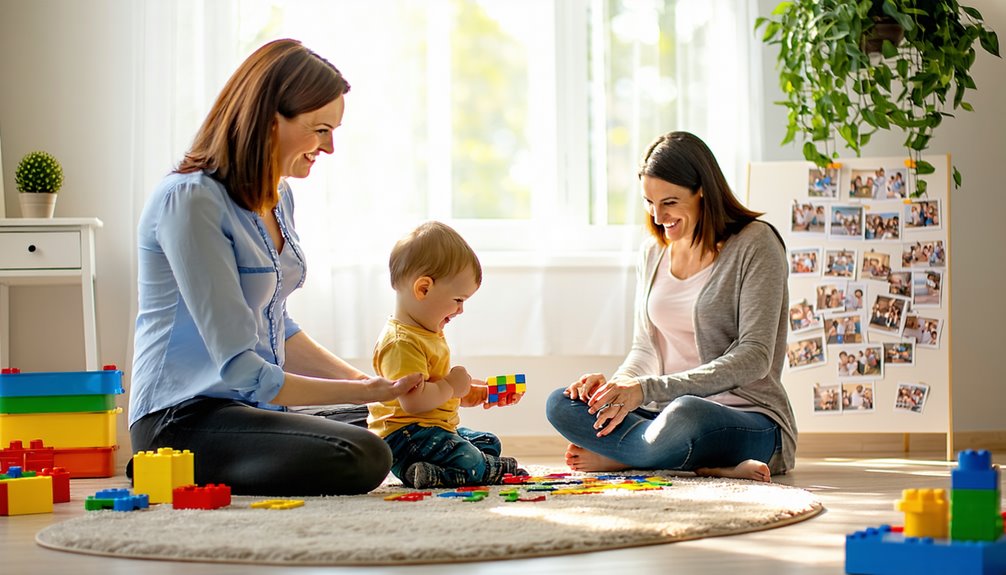 Two women engaging with a young boy on the floor, playing with colorful building blocks, promoting family involvement in child therapy and emotional development.