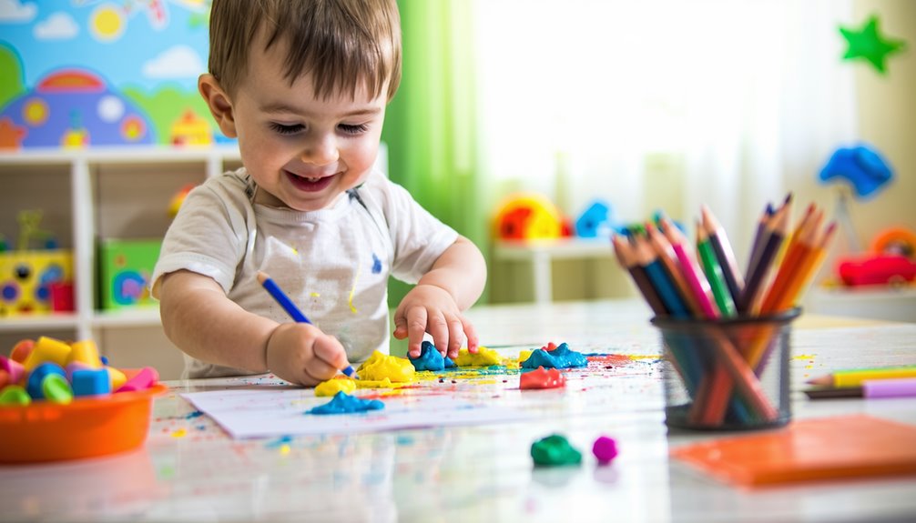 Child engaged in play-based therapy, manipulating colorful modeling clay and drawing with crayons, enhancing fine motor skills and creativity in a vibrant learning environment.
