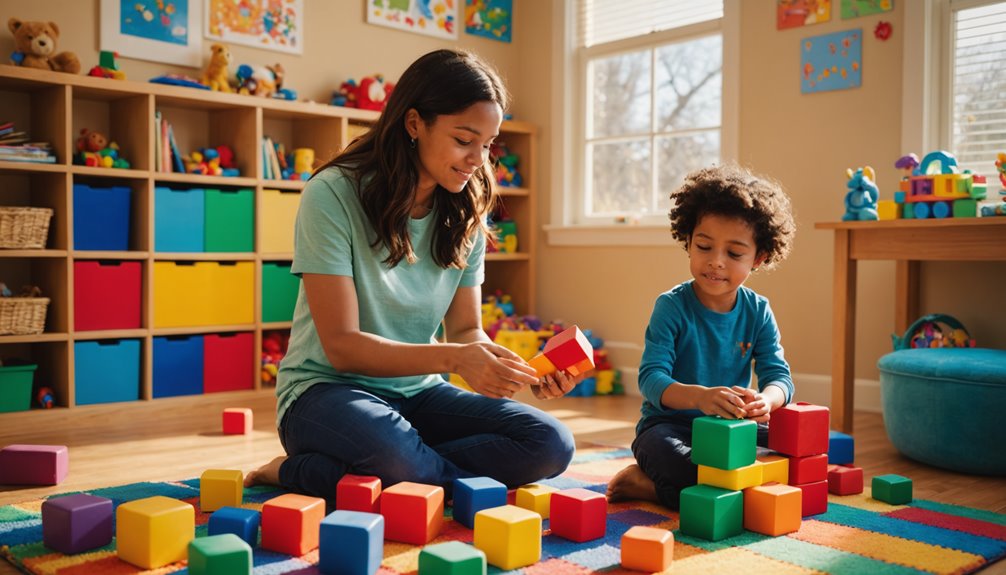 Child and occupational therapist playing with colorful building blocks on a vibrant rug, promoting fine motor skills and sensory integration in a bright, engaging therapy environment.