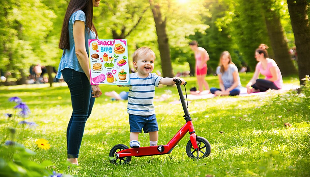 Child riding a red scooter in a park, smiling and holding a colorful snack chart, with adults engaging in physical activity in the background, promoting active lifestyles and family bonding.