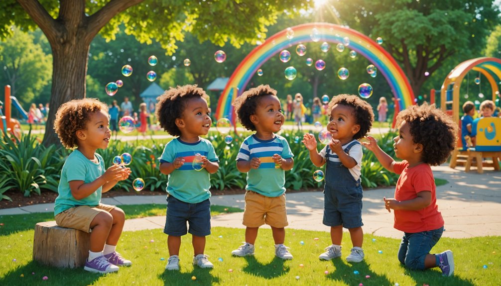 Children playing in a park, engaging with bubbles, promoting social interaction and developmental skills, with a colorful rainbow in the background, relevant to child therapy and development themes.