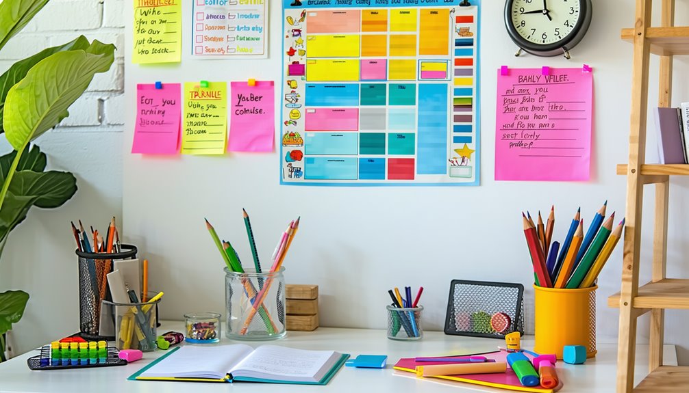Colorful visual aids and organized study materials in a child's workspace, featuring a visual activity schedule, graphic organizers, and assorted stationery, promoting focus and structured learning for children with ADHD.