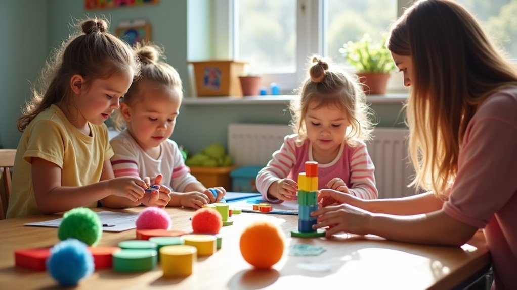 Children engaging in play-based activities with colorful building blocks and sensory toys, supported by an occupational therapist, promoting motor skills and social interaction for school readiness.