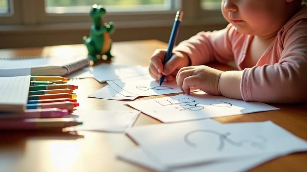 Child practicing handwriting with colored pencils and worksheets on a wooden table, surrounded by craft materials and a toy dinosaur, illustrating home-based handwriting development activities.