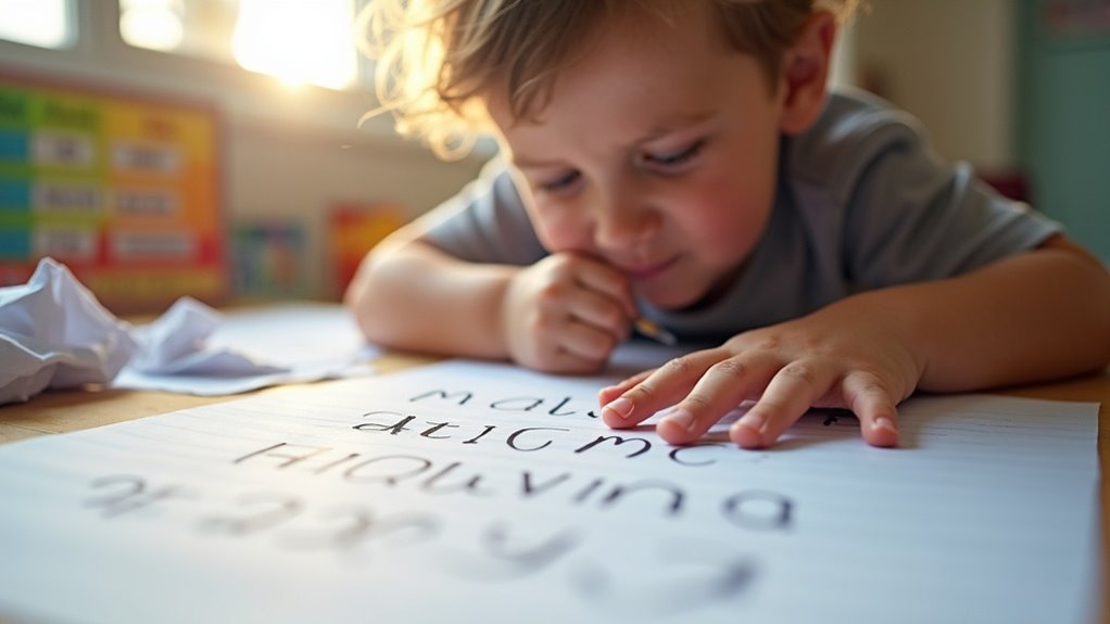 Child practicing handwriting on paper, demonstrating early writing skills and challenges in a classroom setting, with crumpled paper nearby indicating frustration.
