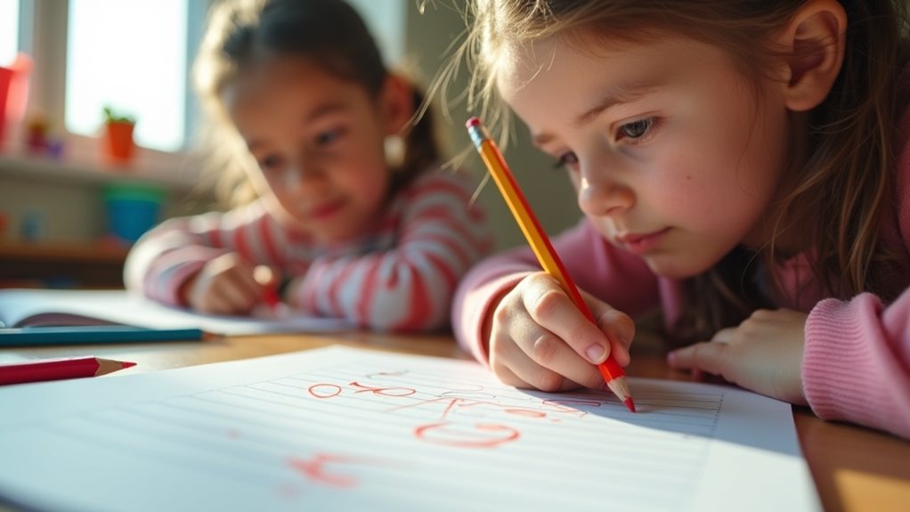 Two children engaged in handwriting practice, one focused on writing with a colored pencil, while the other observes, illustrating the impact of handwriting skills on academic performance and the importance of occupational therapy for children with dysgraphia.