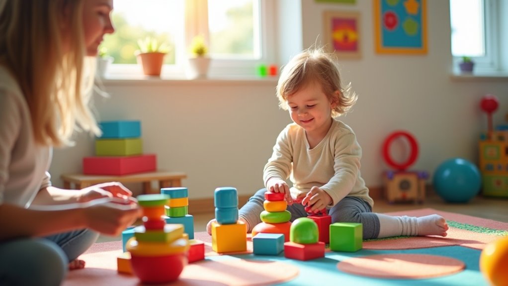 Child stacking colorful blocks with caregiver in a bright, playful setting, illustrating engaging, play-based activities for motor skills development in occupational therapy.