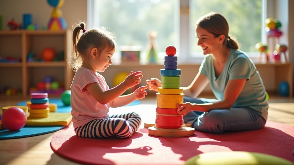 Child and therapist engaging in play-based skill enhancement with colorful stacking toys, promoting motor skills and social interaction in a therapeutic environment.