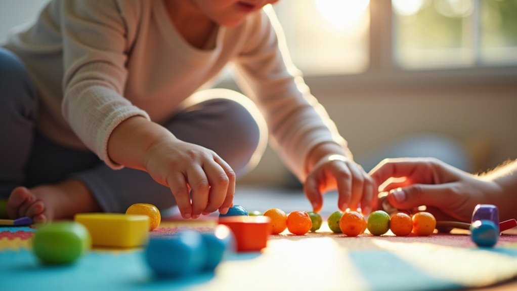 Child engaging in fine motor skill activities, sorting colorful blocks and beads, promoting dexterity and coordination in a playful environment.