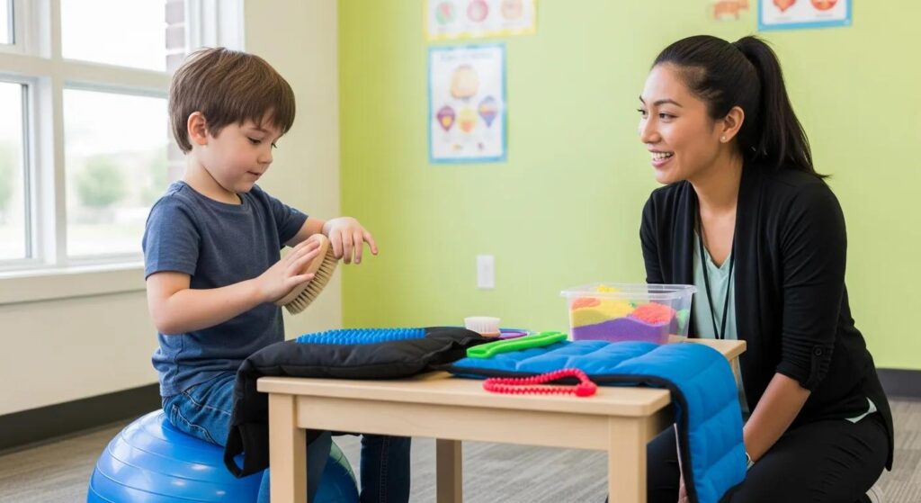 Pediatric occupational therapy session with a child using sensory tools to manage ADHD