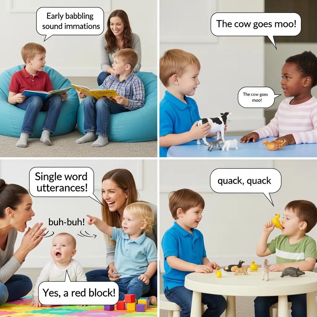 Children of various ages engaging in play and interaction, demonstrating key speech milestones like early babbling, single word utterances, and animal sounds, with caregivers encouraging language development through activities.