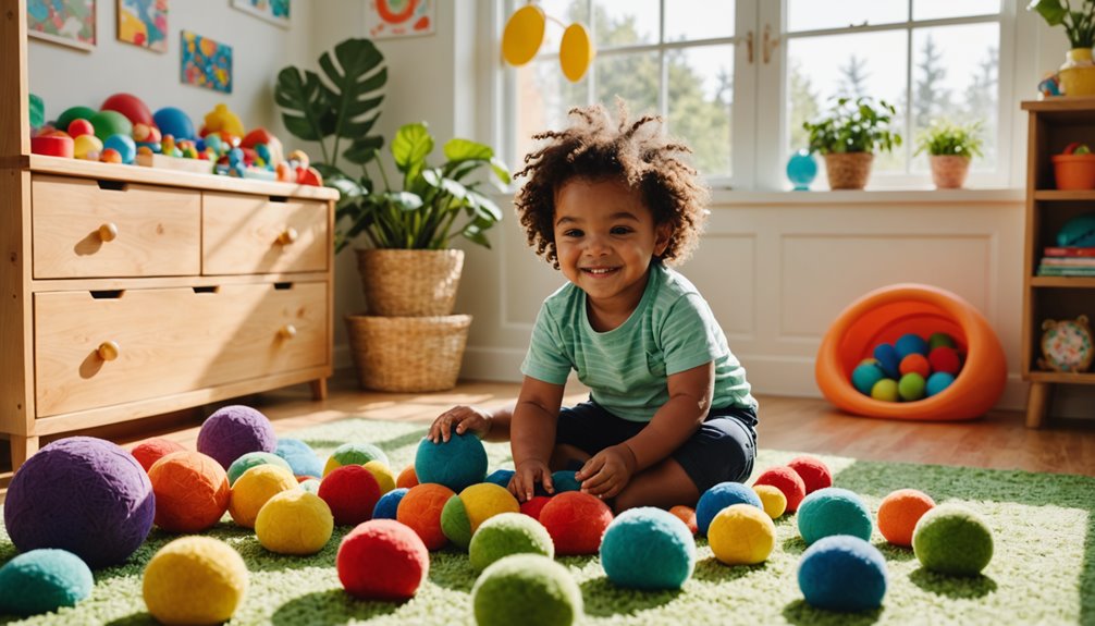 Child playing with colorful sensory balls in a bright, engaging therapy room, promoting social skills and sensory integration through DIRFloortime therapy.