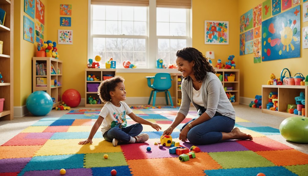 Child playing with toys on colorful carpet in a therapy room, engaging with adult in supportive interaction, fostering emotional growth and social skills development.