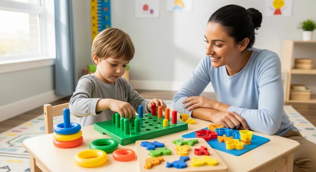 Pediatric occupational therapy session with a child using colorful toys to develop fine motor skills