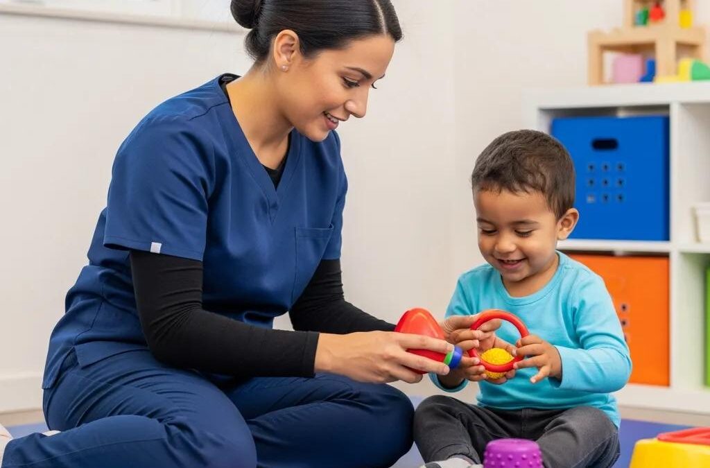 Occupational therapist engaging with a child during a pediatric therapy session, focusing on sensory integration activities with colorful toys.