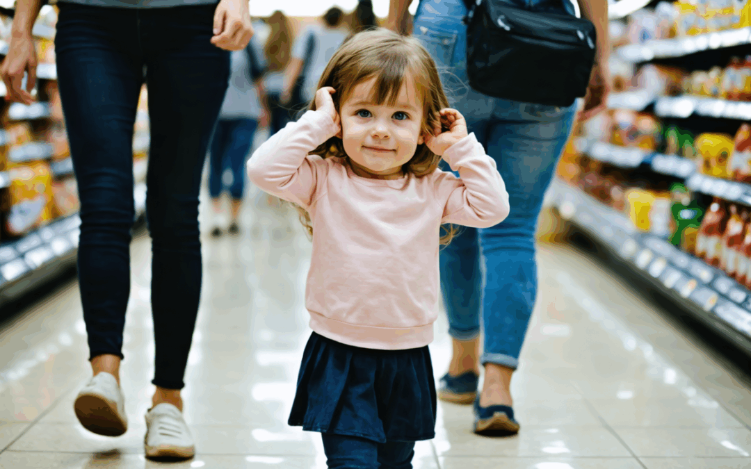 Six-year-old girl with light brown hair in a grocery store, smiling and covering her ears, surrounded by shoppers and shelves of products.