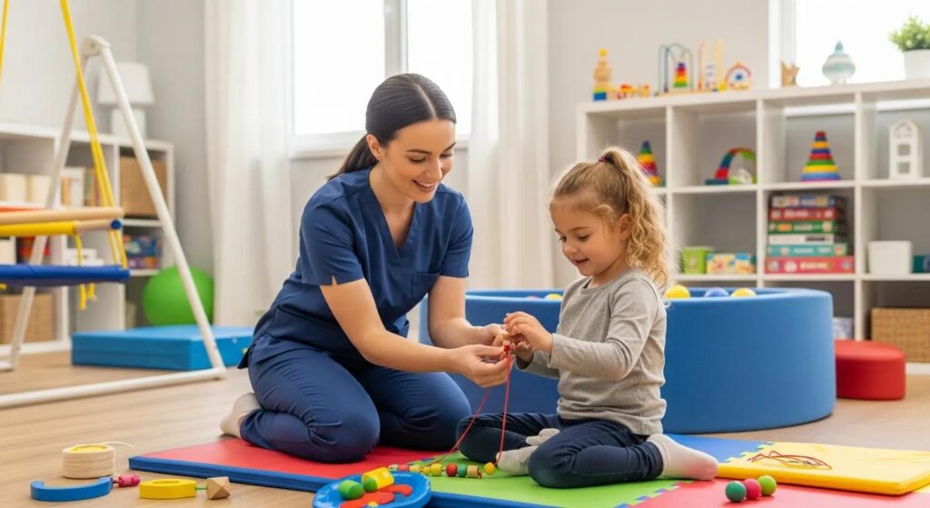 Pediatric occupational therapy session with a therapist and child engaging in motor skill activities