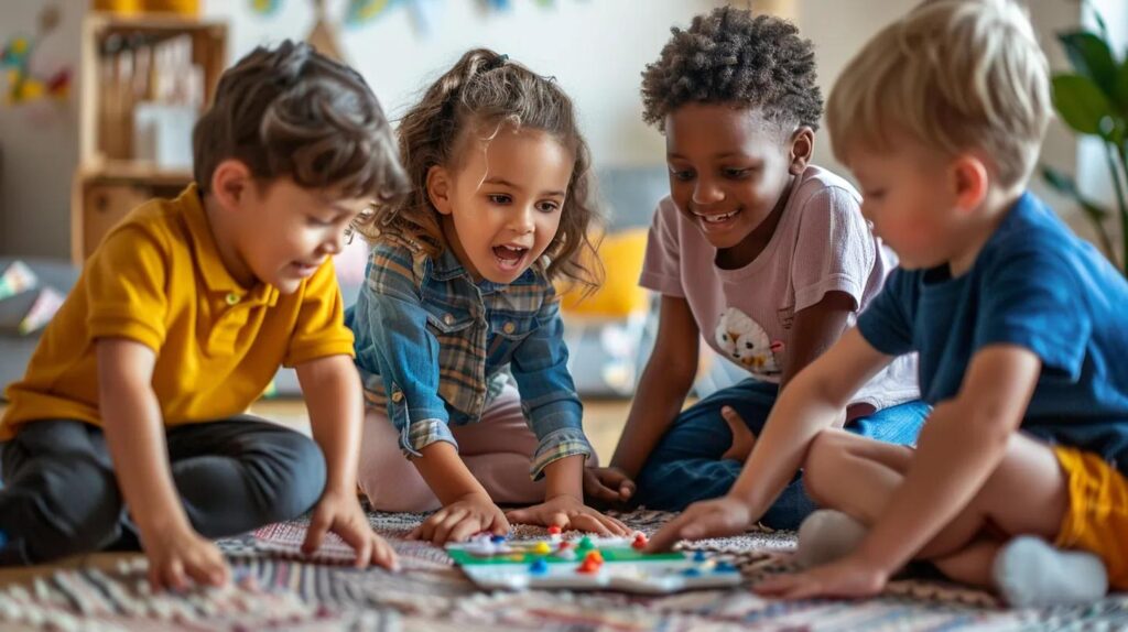 A Group of 5 children of various ethnic backgrounds, sitting on the floor playing a game together in Hillsborough county