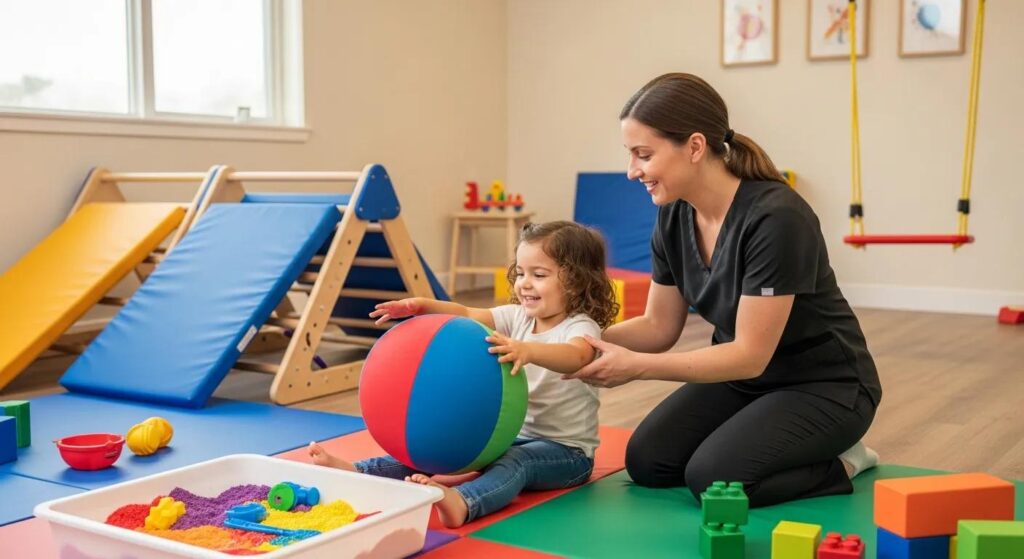 Pediatric therapist engaging with a child in a playful therapy session, showcasing holistic pediatric therapy
