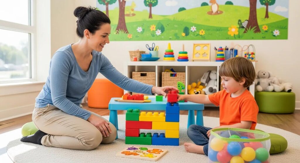 Pediatric occupational therapy session with a therapist and child using colorful toys