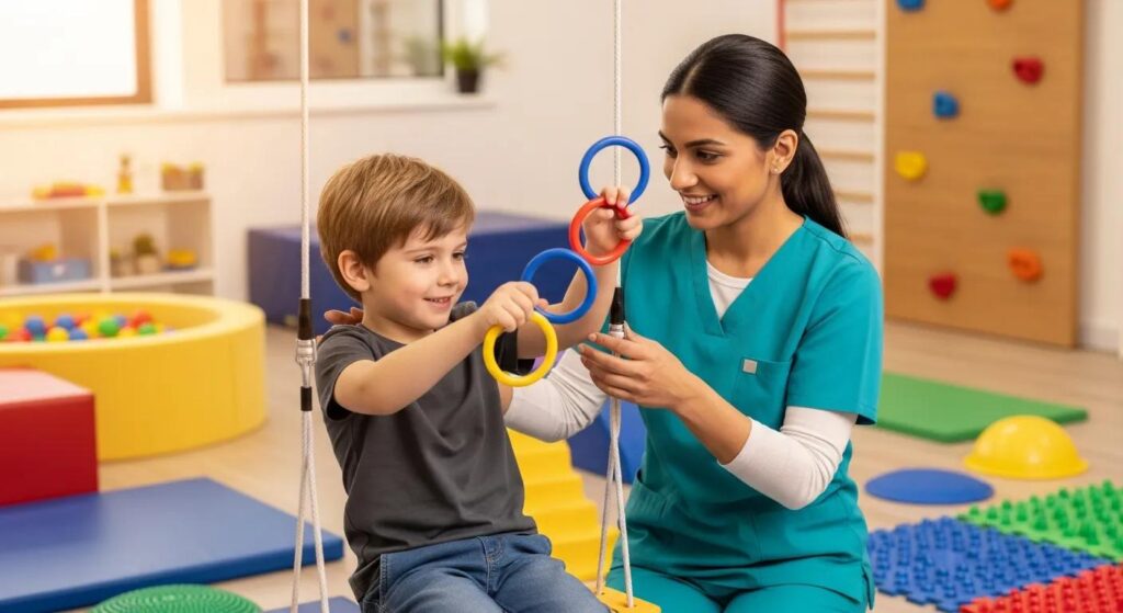 Pediatric occupational therapy session showcasing care and compassion between therapist and child