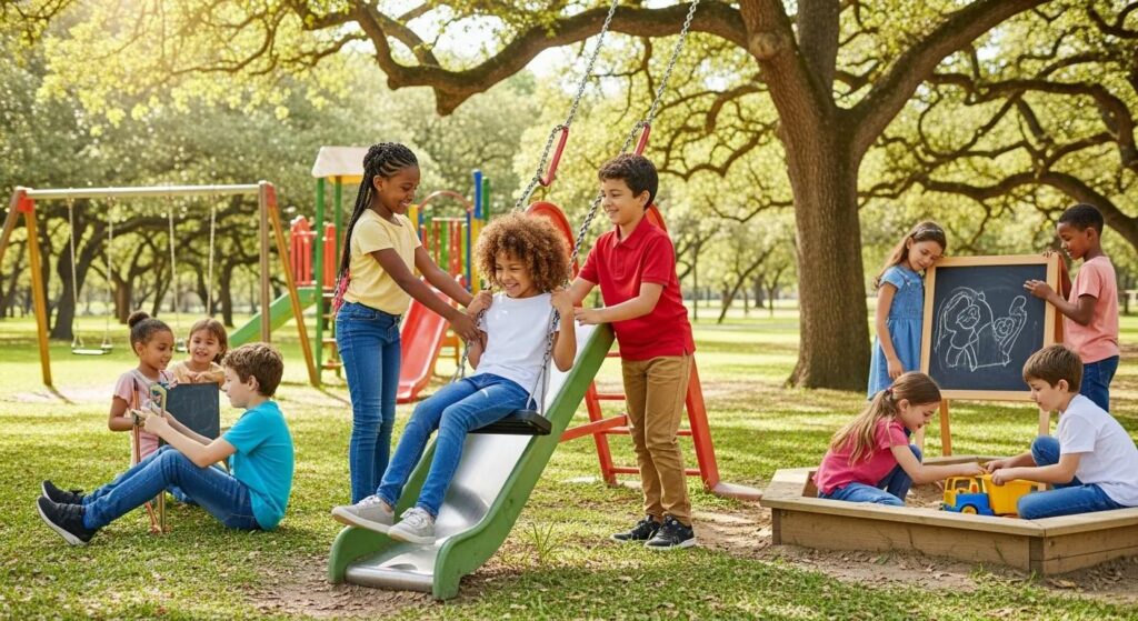 Children playing together in a park, illustrating friendship and social skills development