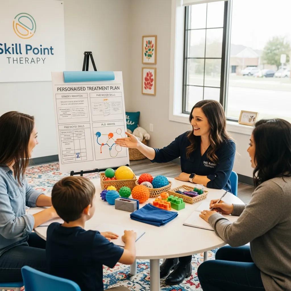 Family consulting with a pediatric occupational therapist at Skill Point Therapy, discussing personalized sensory integration treatment plans, with colorful therapy tools on the table and a treatment plan poster in the background.