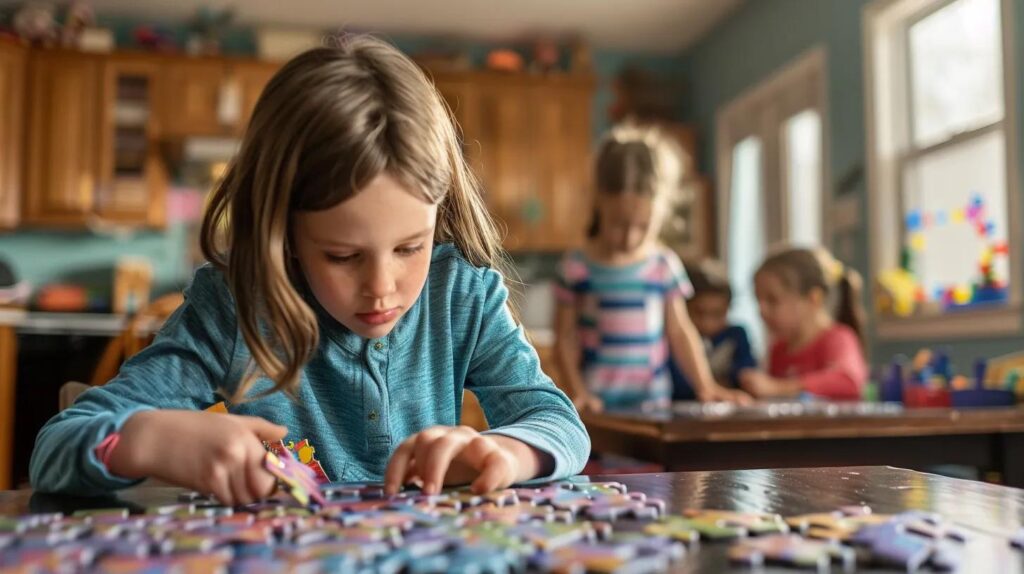 A 10 year old girl with autism, in a quiet setting working on a puzzle. while other children are playing in the background