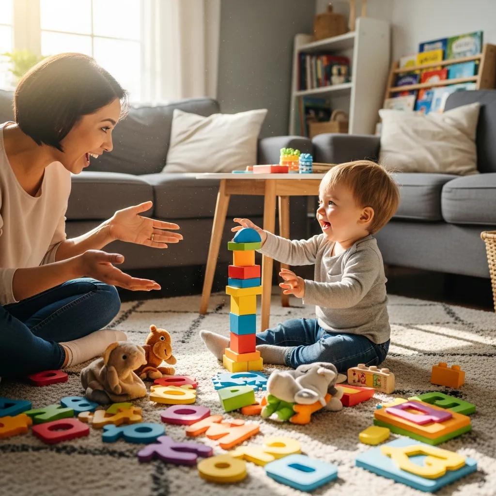 Parent and toddler engaging in playful conversation while building a colorful block tower, emphasizing the importance of communication skills in child development through interactive play.