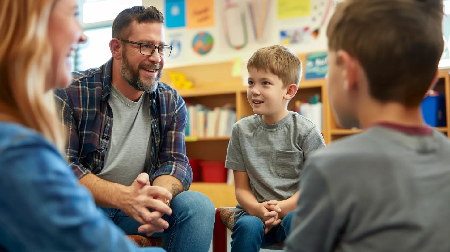 Adults engaging with children in a classroom setting, discussing social skills and cooperative play, supporting pediatric occupational therapy interventions.