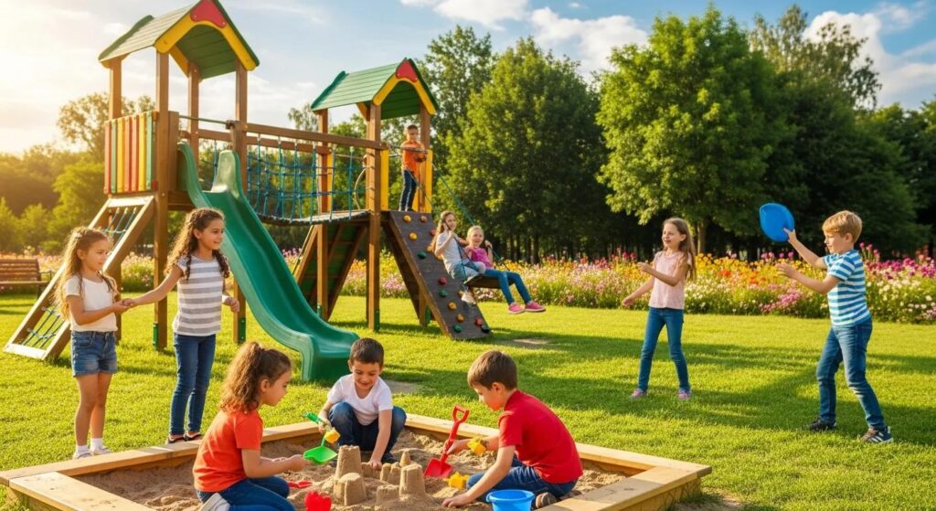 Children playing together in a park, enhancing social skills through cooperative activities