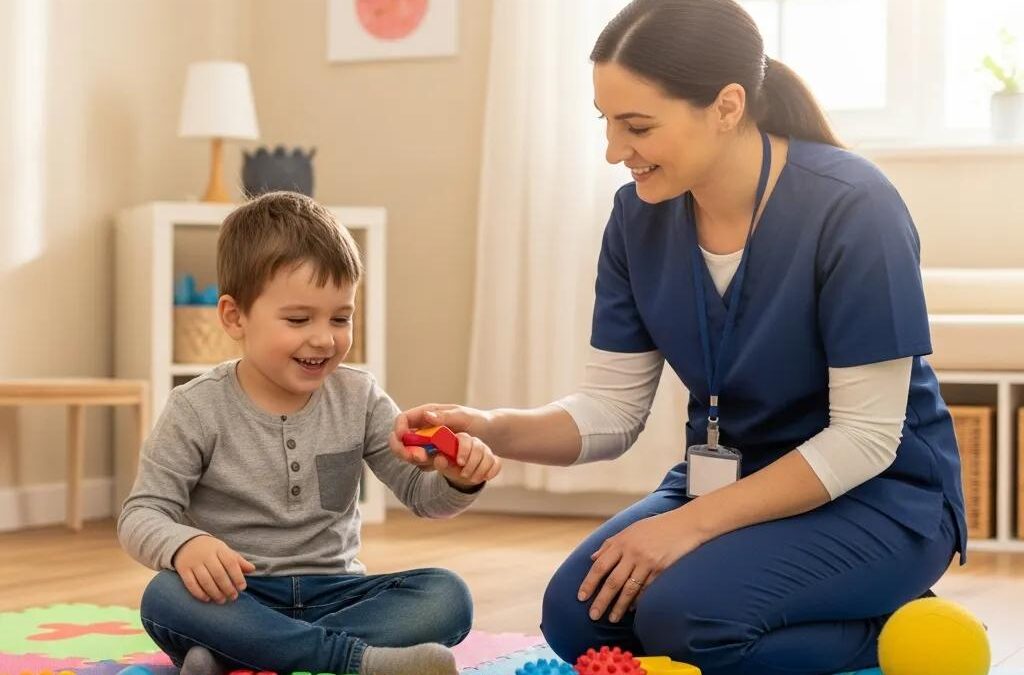 Child engaging in occupational therapy with a therapist, using colorful toys in a bright therapy room, promoting developmental skills.