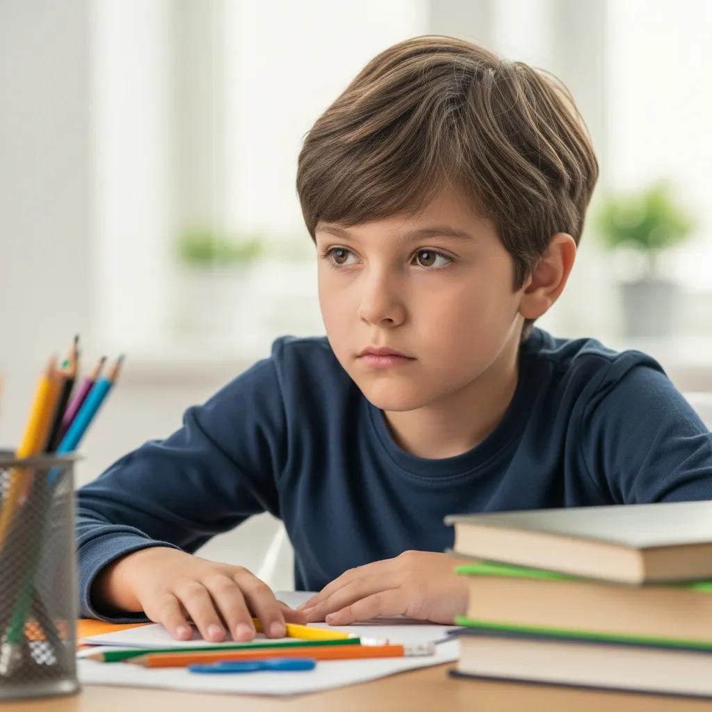 Child showing signs of worry while sitting at a desk with school supplies, reflecting anxiety and difficulty concentrating.