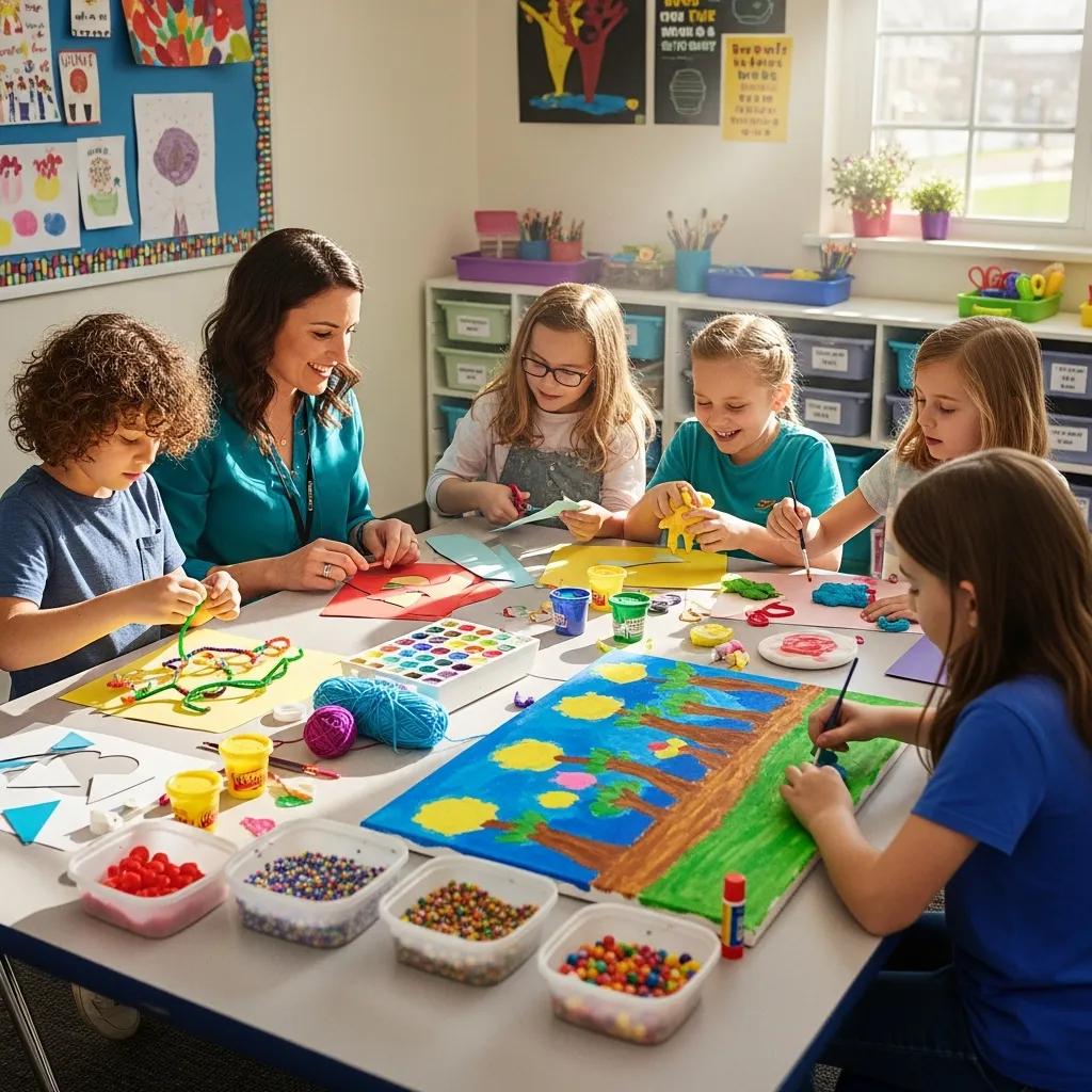 Children engaged in a school-based occupational therapy session, enhancing fine motor skills through collaborative art activities with a therapist, colorful materials, and various creative projects.