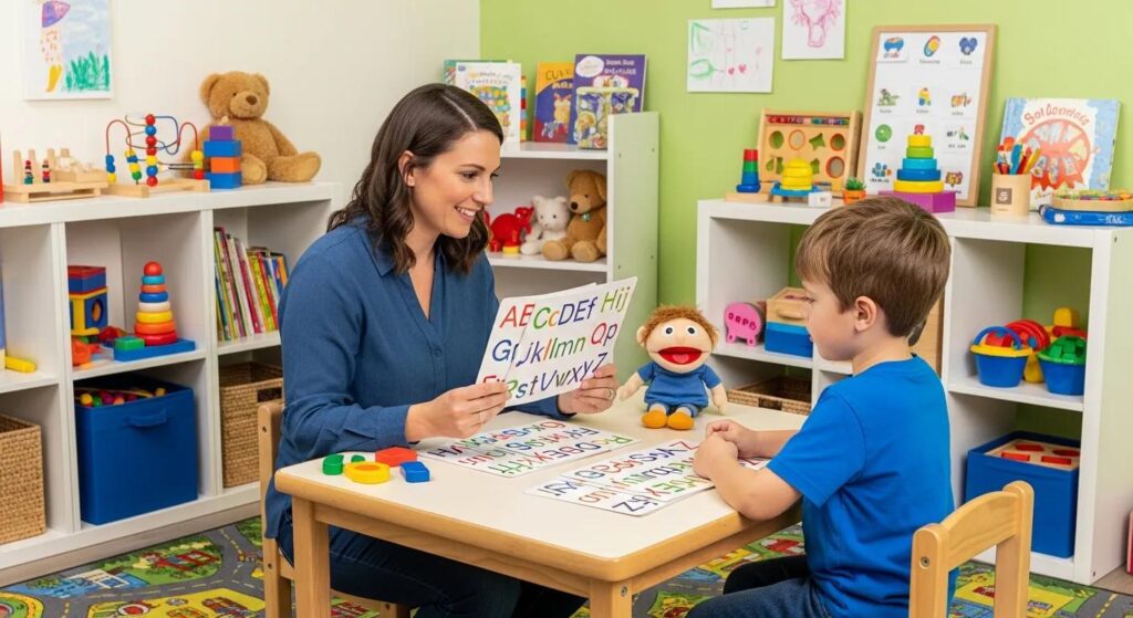 Pediatric speech therapy session with a therapist and child in a colorful environment